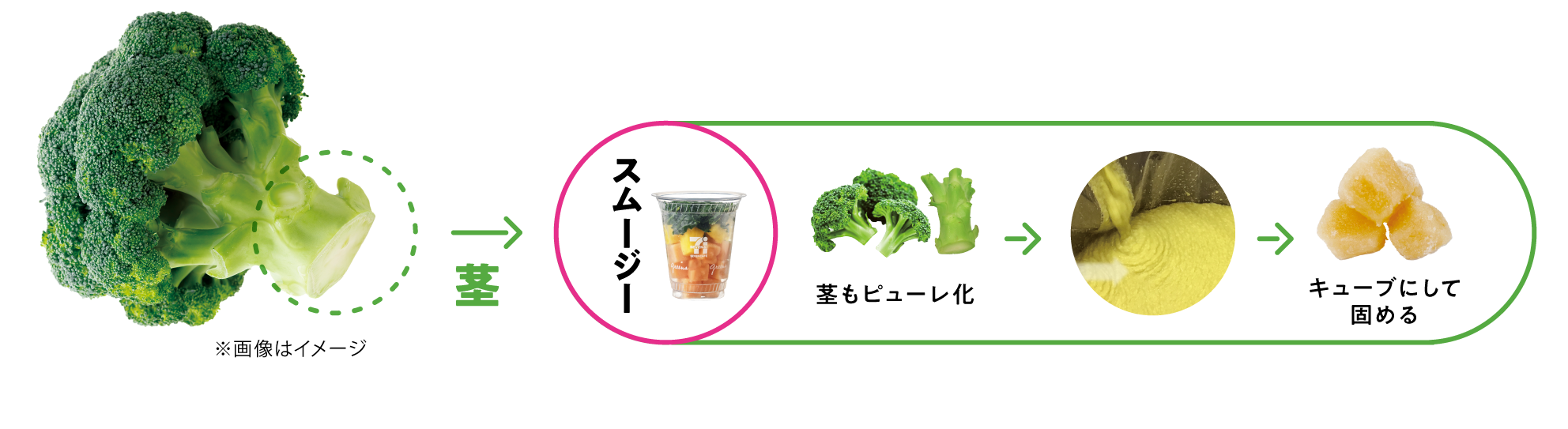 通常捨てられてしまうブロッコリーの茎もピューレ化。キューブにして固めて使用しています。